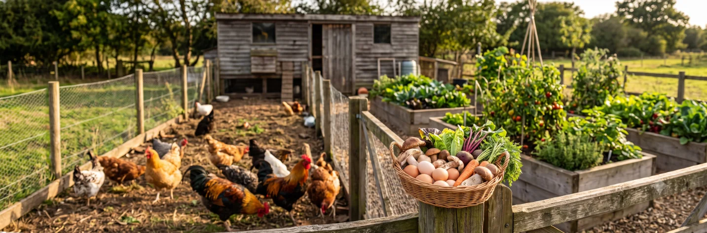 Free-range chickens foraging in a garden run beside a basket of fresh eggs and foraged food