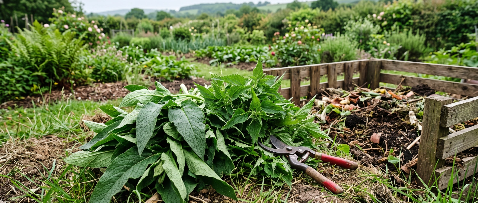 Freshly cut comfrey and nettle leaves piled beside a compost heap