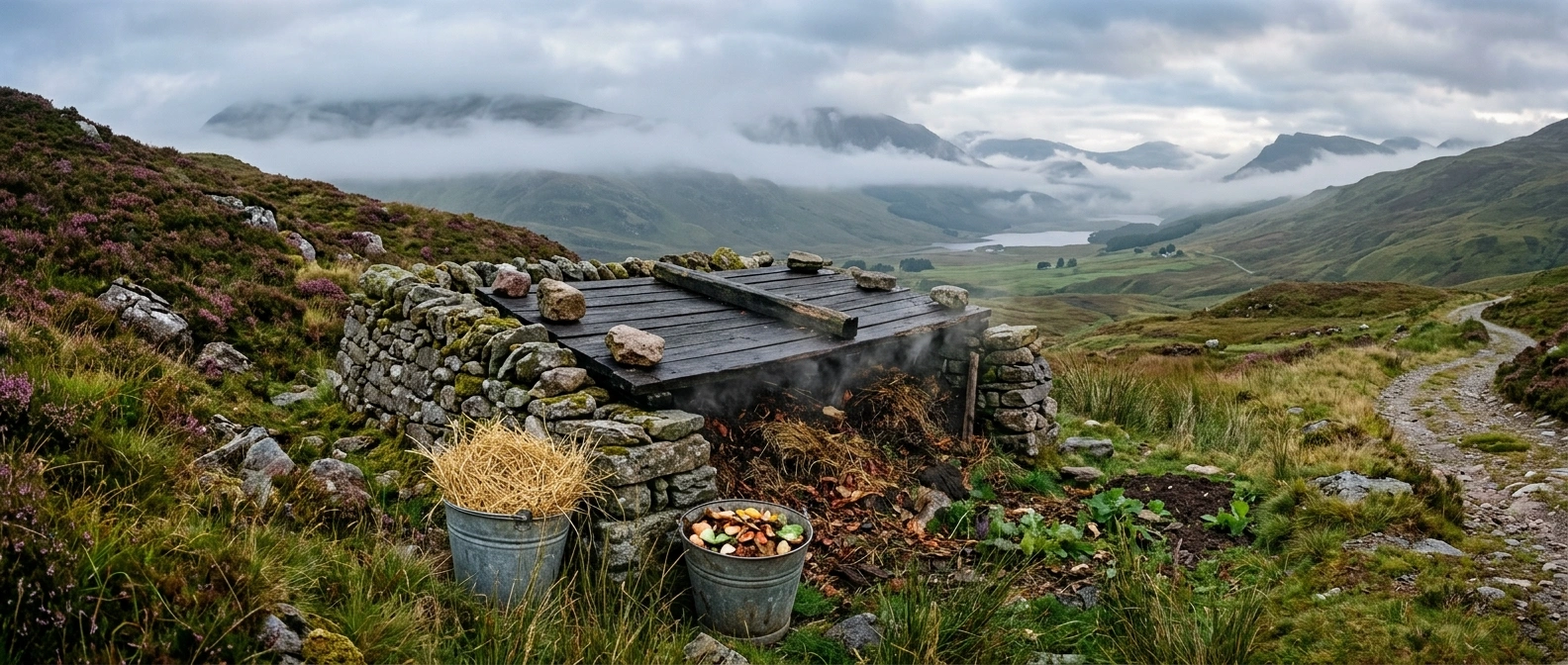 A small, tightly built compost heap on a mountain terrace with a bucket of dried meadow hay beside a bucket of fresh manure and kitchen scraps