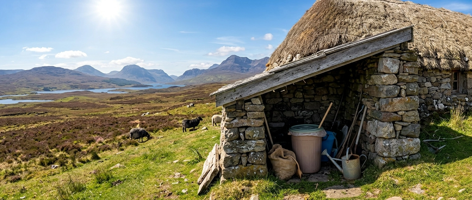 A covered bucket of steeping compost tea kept in a sheltered lean-to, with a watering can ready for midday application