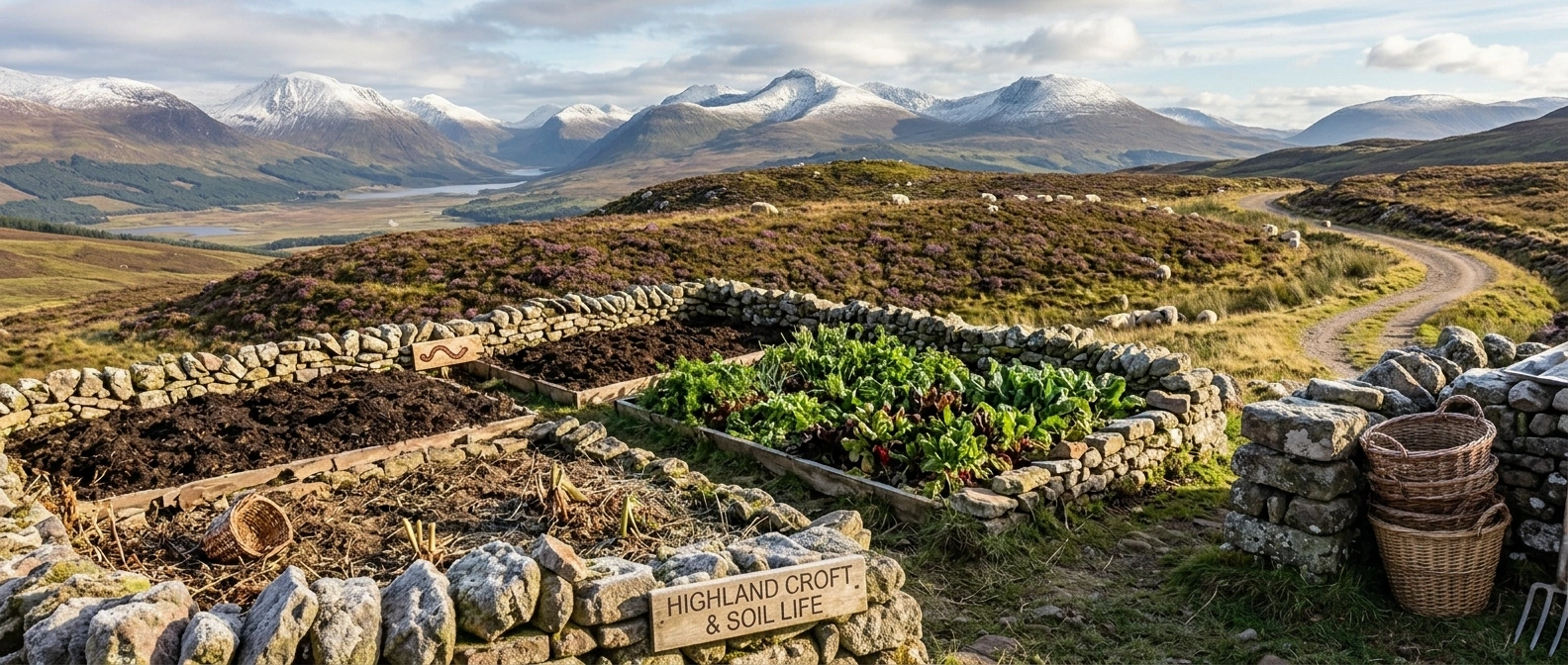 Terraced mountain beds at different stages, one just compost-dressed after thaw, one in brief full growth, one already cleared before the early frost