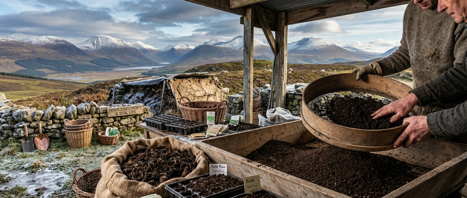 Dark, crumbly finished compost being sieved by hand into a fine seed-starting mix on a mountain smallholding
