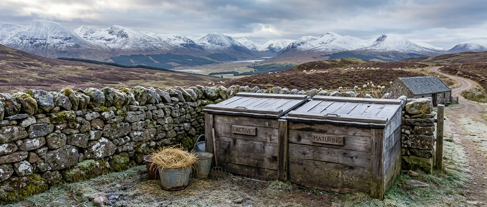 A covered two-bin humanure compost system built against a sheltered stone wall, with a bucket of dry meadow hay cover material beside it and frost on the shaded ground