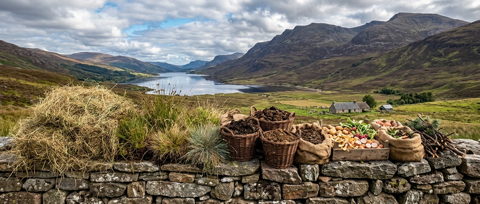 A sorted array of highland compost materials on a stone bench: dried meadow hay, alpine grasses, livestock manure, kitchen scraps and a few conifer twigs