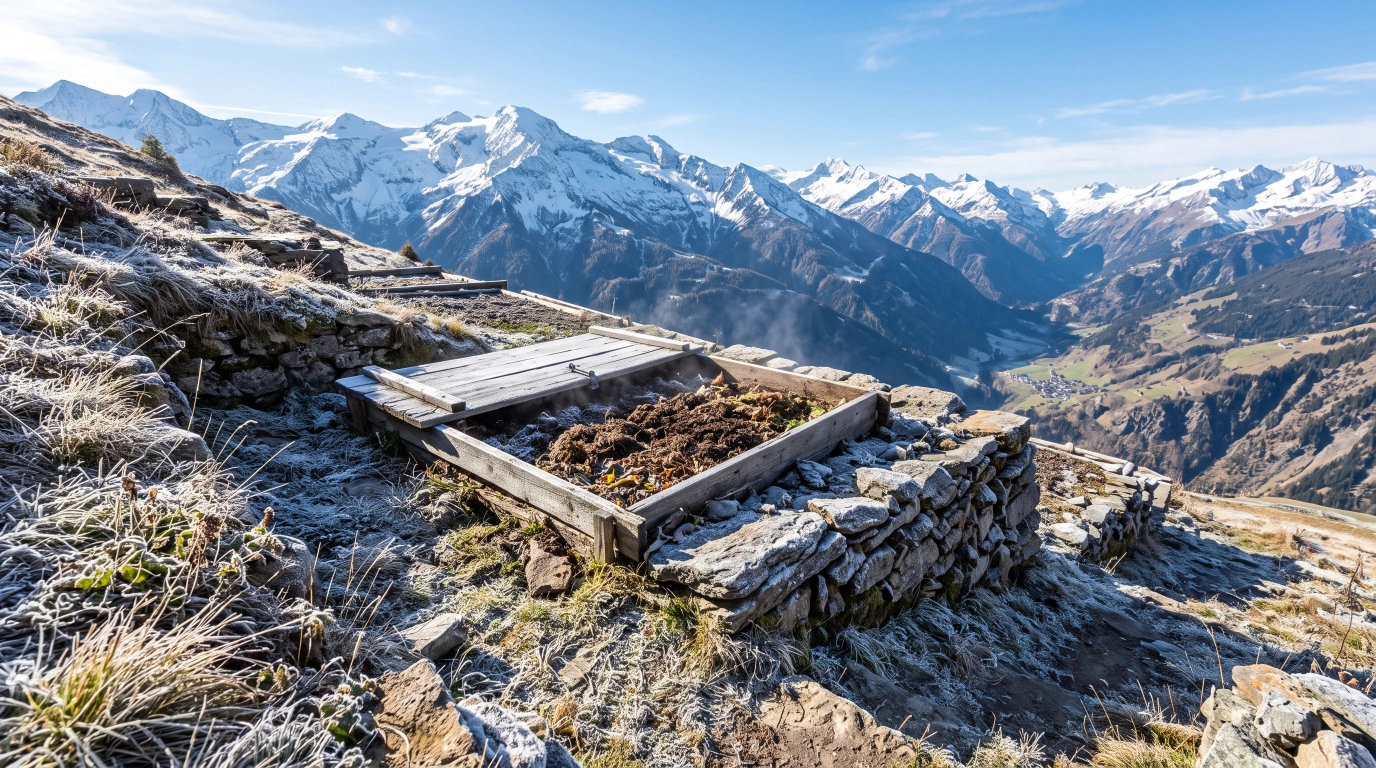 A compost heap on a windswept mountain terrace, frost visible in the shade while bright sun falls on the exposed side