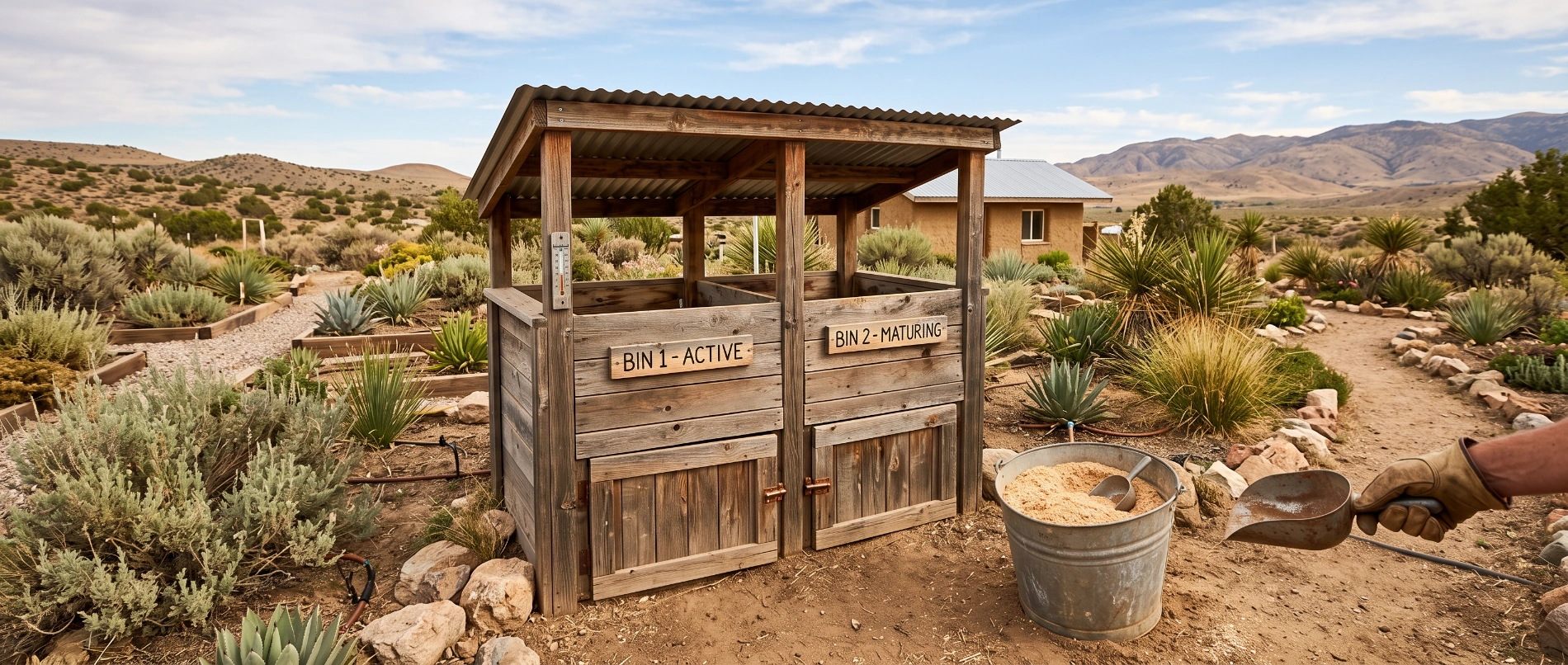 A covered two-bin humanure compost system with a bucket of dry sawdust cover material beside it in a dry-climate garden