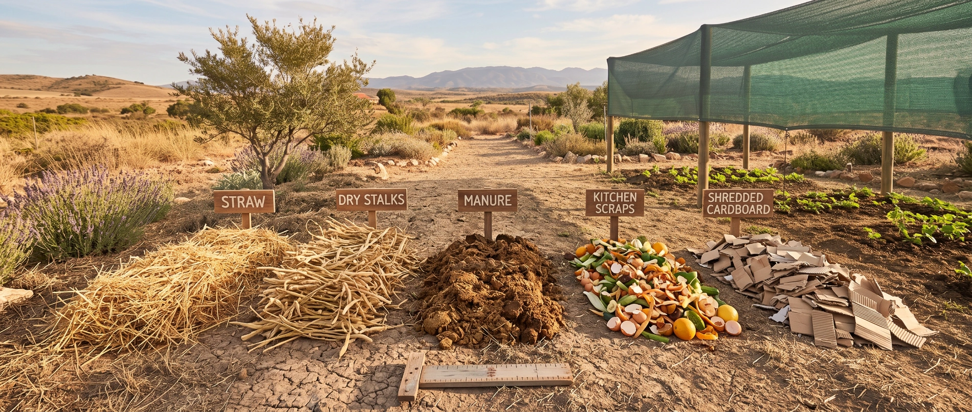 A sorted array of compost materials laid out on dry ground: straw, dry stalks, manure, kitchen scraps and shredded cardboard