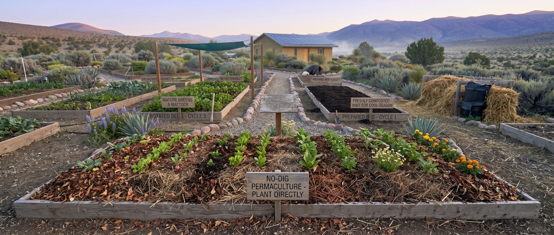 A thick mulched no-dig bed in a dry garden, planted directly into the surface layer without digging