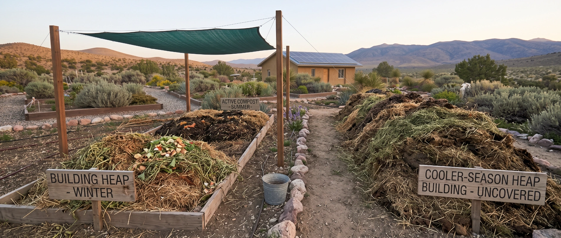 A small shaded compost heap in high summer beside a larger uncovered heap being built in the cooler season