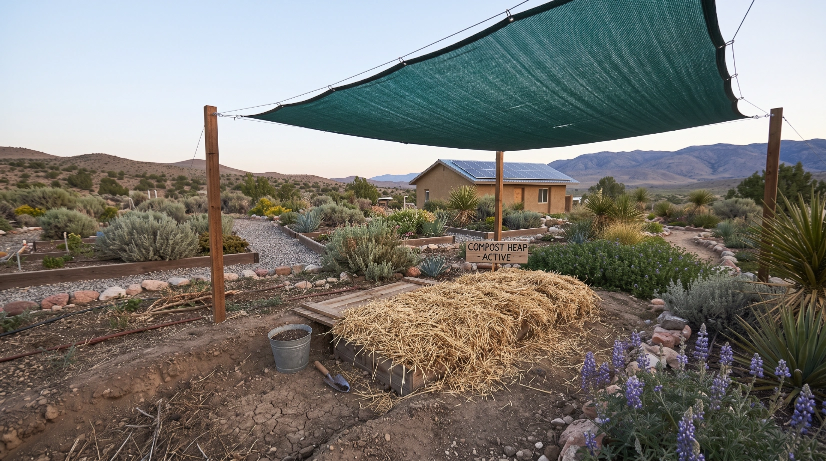 A compost heap shaded by rigged shade cloth with a thick straw mulch cap over the surface