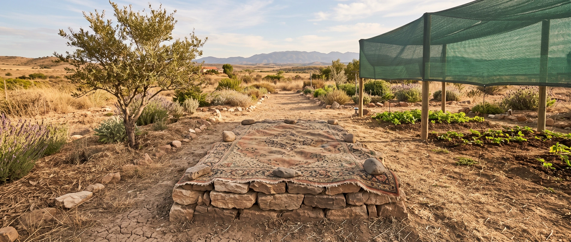 A small, partly-sunken compost bin built from stacked stone under the shade of a tree, covered with a piece of old carpet