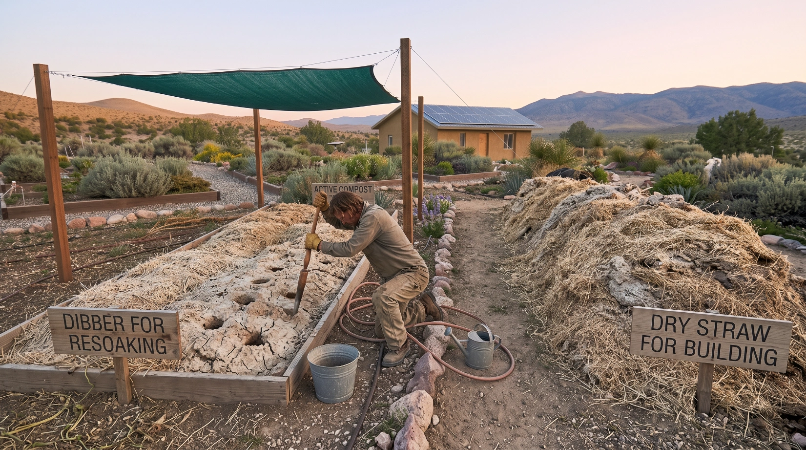 A gardener's hand poking watering holes into a dusty, dried-out compost heap before rewetting it