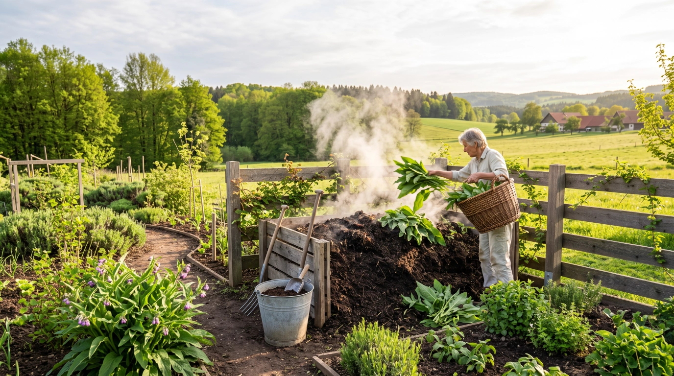 Freshly chopped comfrey leaves being layered onto a compost heap at the start of the short growing season, steam rising from the warm pile