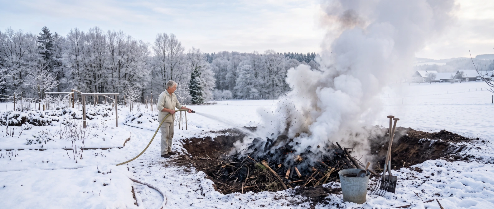 Woody offcuts and brush smouldering into charcoal in a shallow earth pit in a snowy woodlot, being quenched with water to make biochar