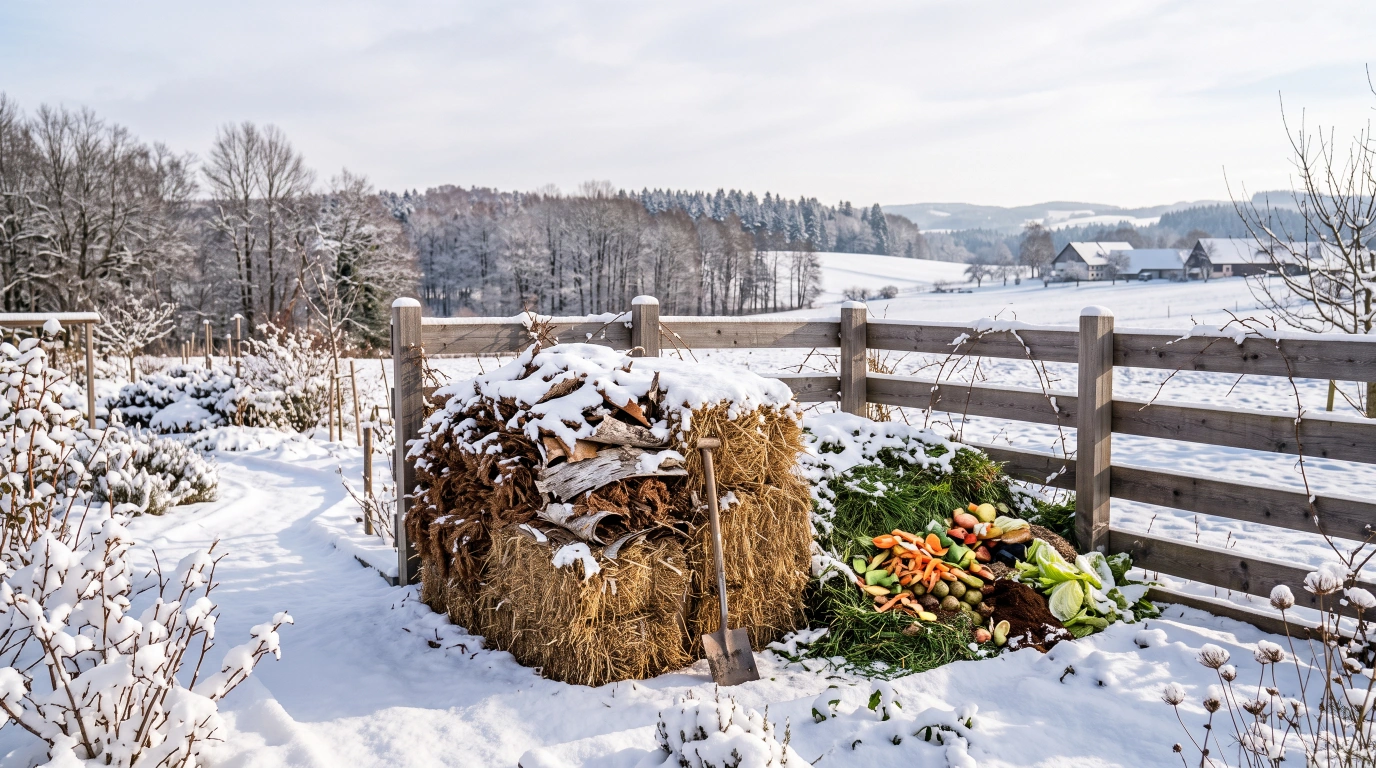 A large stockpiled heap of dry conifer needles, birch bark and straw beside a small fresh pile of kitchen scraps and grass clippings