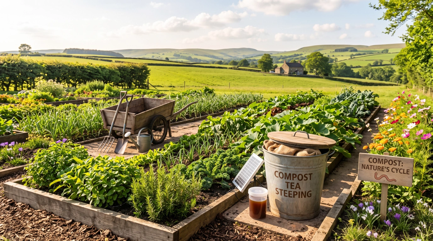 A covered bucket of steeping compost tea sitting beside a raised bed in early summer sunlight
