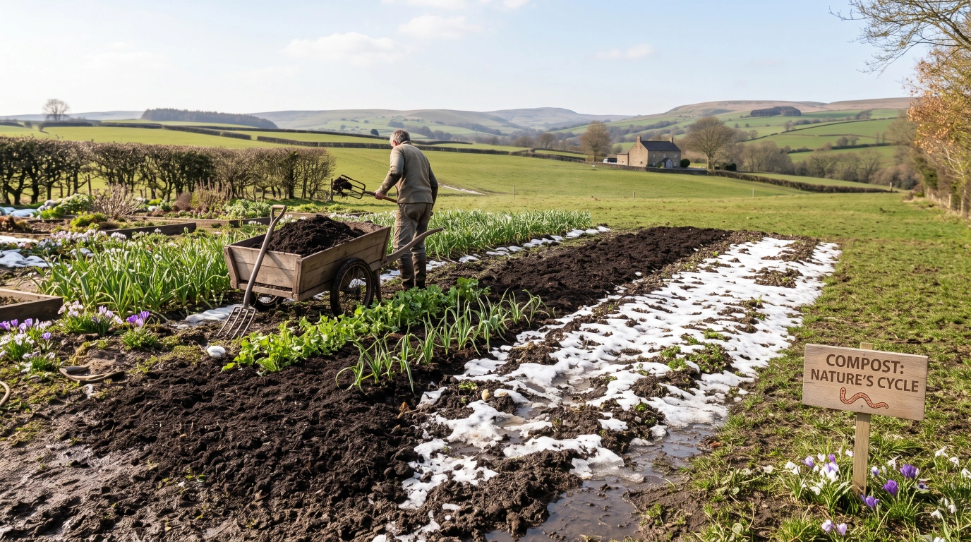 Dark, crumbly finished compost being spread onto a garden bed with thawing ground visible at the edges