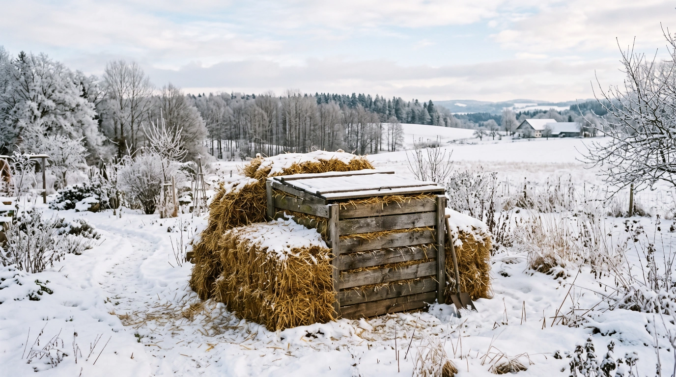 A heavily insulated wooden compost bin banked with straw, snow lying on the ground around it