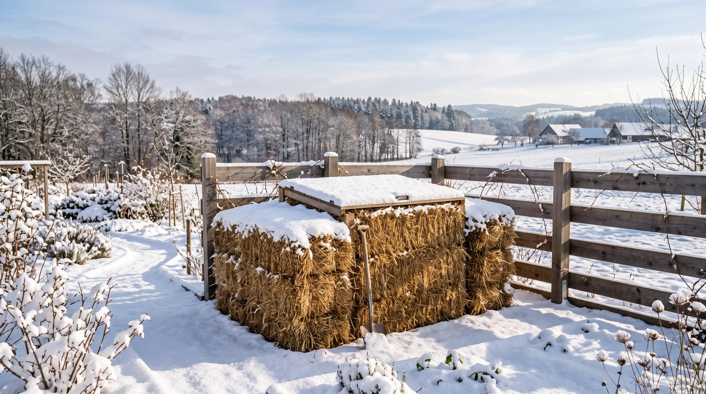A large compost bin wrapped in a thick jacket of straw bales, with a sloped wooden lid partly dusted in snow
