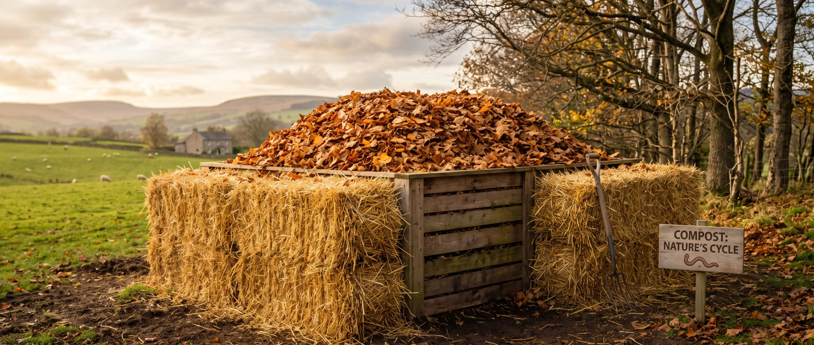 A compost bin wrapped in stacked straw bales with a thick layer of dry leaves piled over the top
