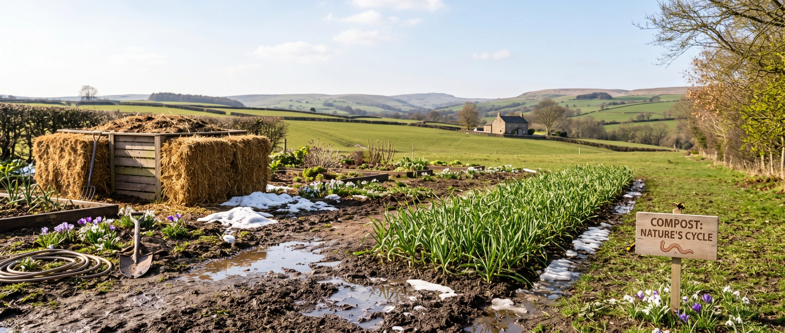 A compost bin shown through the seasons, thawing in spring beside melting snow and a garden coming back to life
