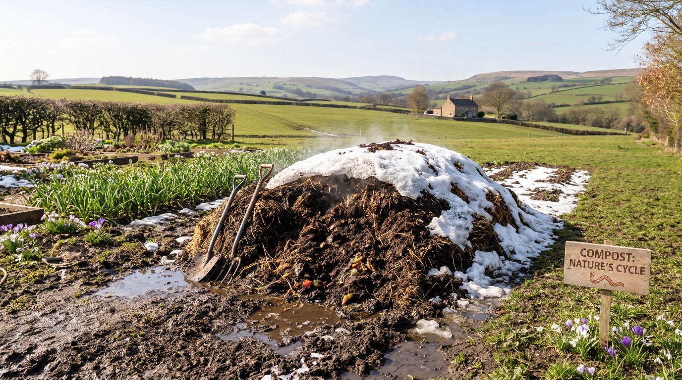 A half-thawed compost heap in early spring, dark wet material visible under a receding cap of snow
