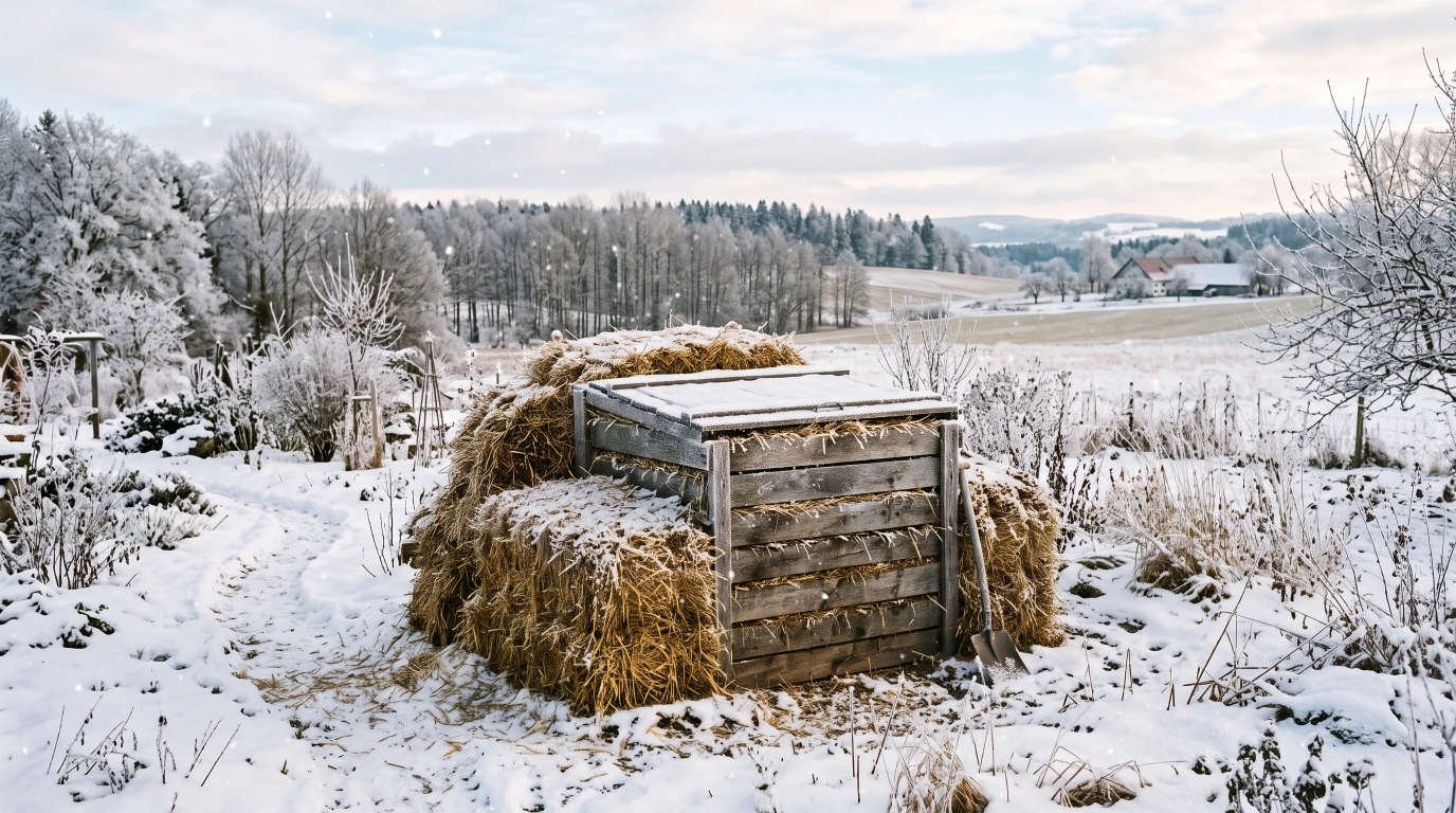 A frost-rimmed compost bin banked with straw insulation, snow beginning to settle on the ground around it