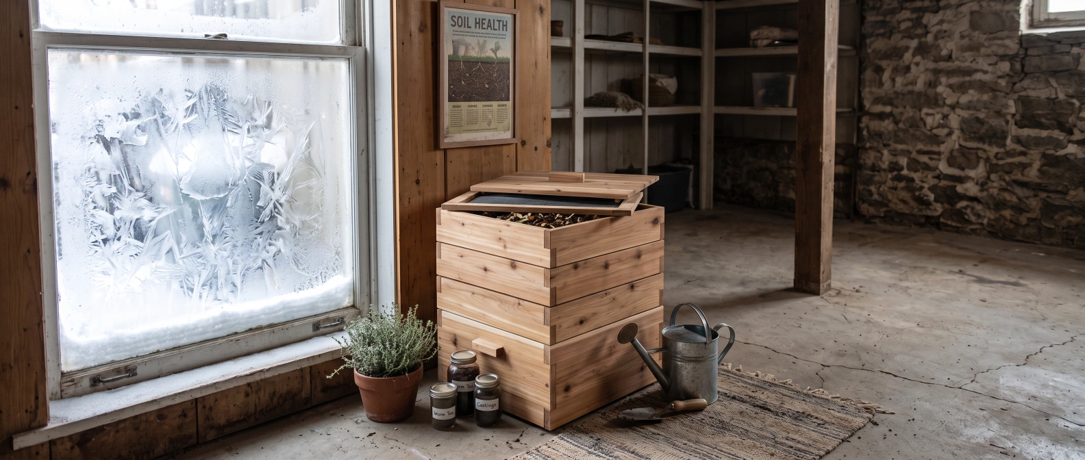 A wooden worm composting bin sitting indoors on a basement floor beside a frosted window