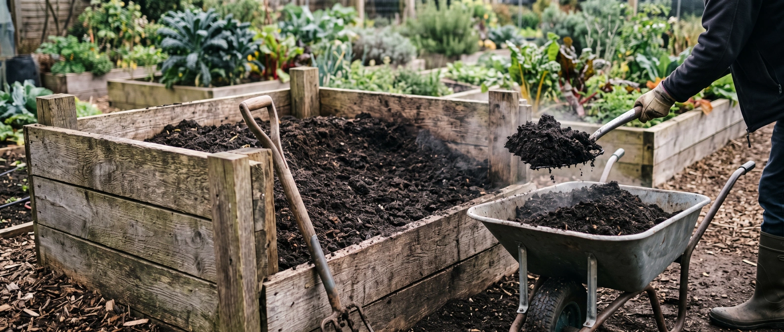 Dark, crumbly finished compost being turned out of a homemade wooden compost bay
