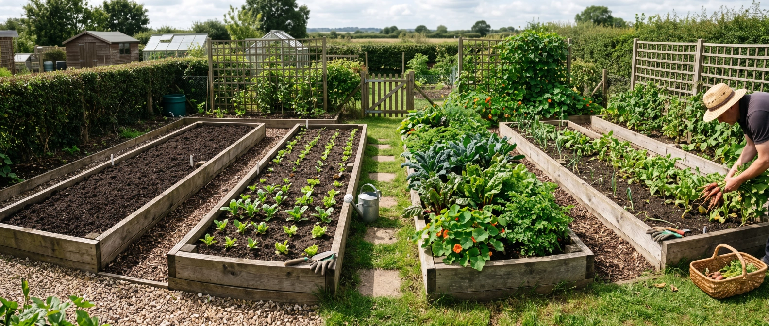 Four vegetable beds in a rotation, each at a different stage of the growing season