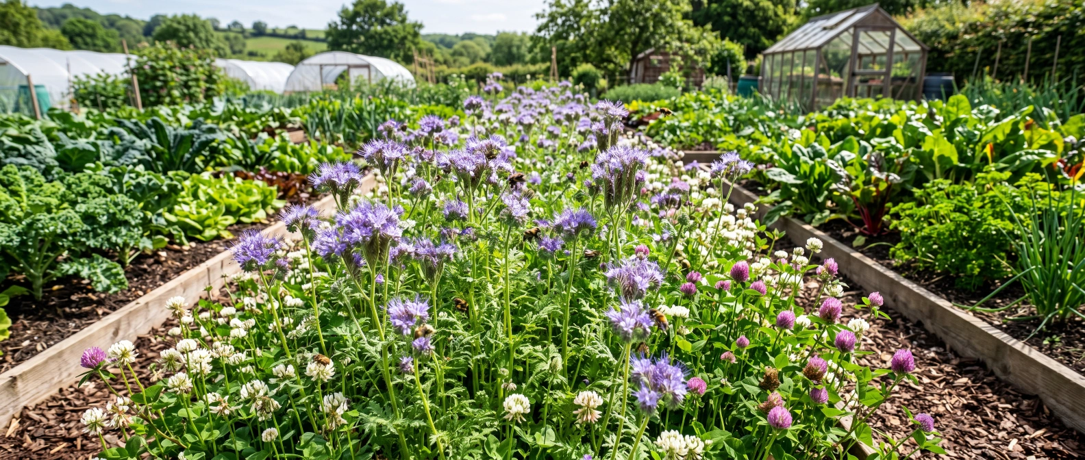 A bed of flowering phacelia and clover grown as a green manure between vegetable rows