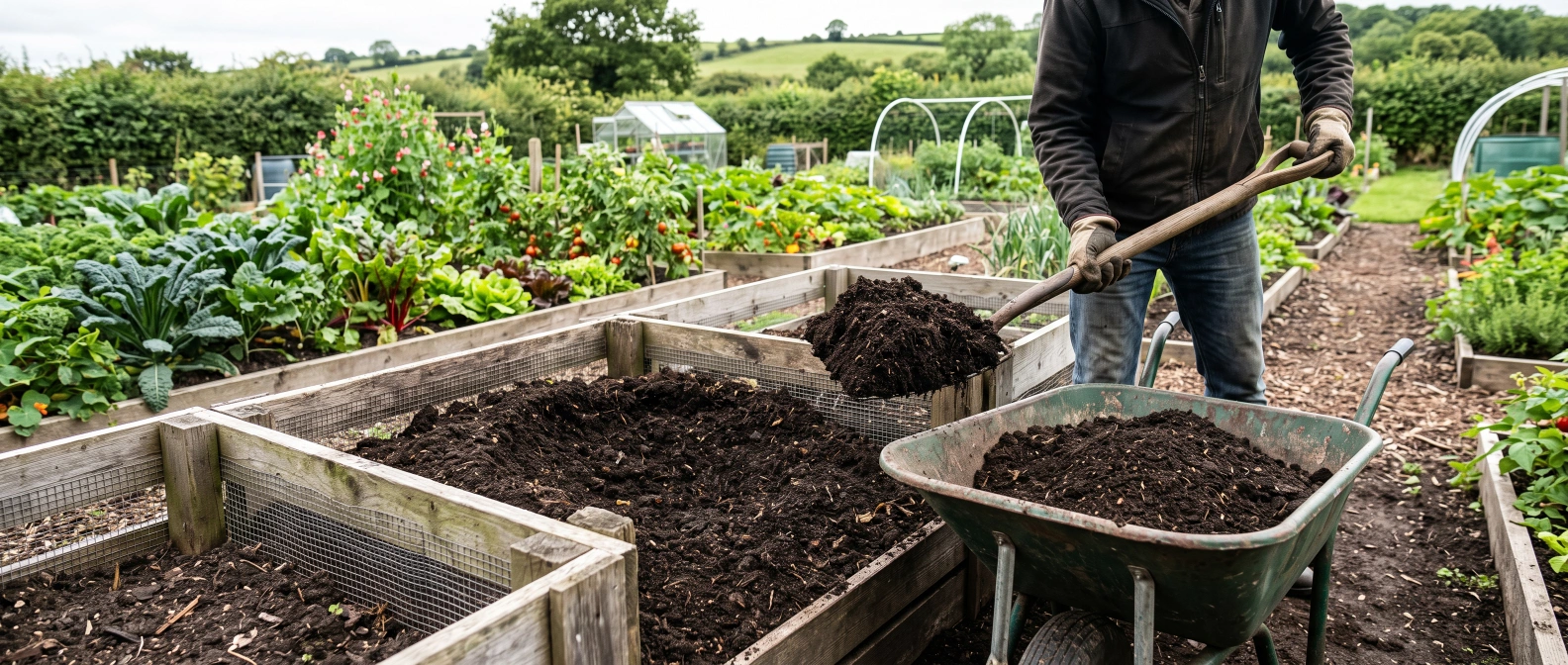 Dark, crumbly finished compost being forked out of a bay ready for spreading on beds