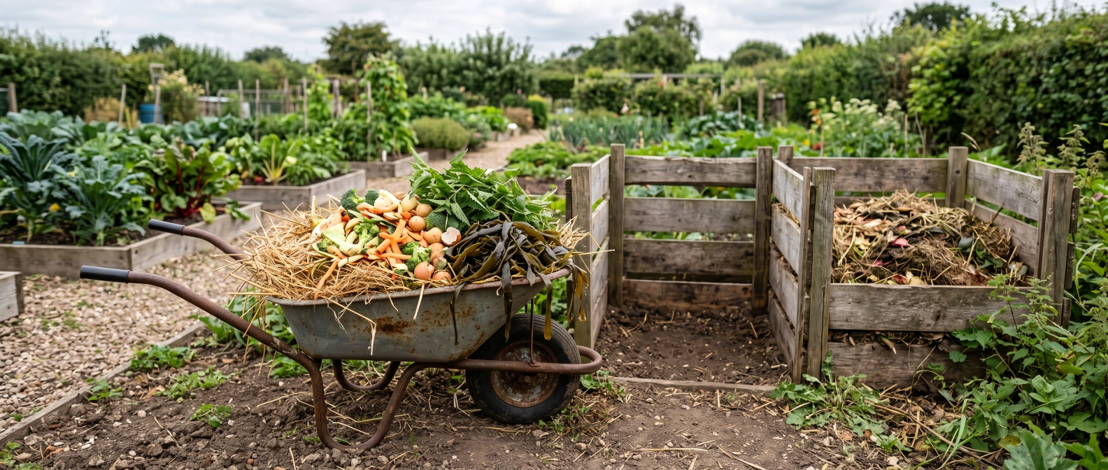 A wheelbarrow of mixed compost inputs -- straw, kitchen scraps, nettles and seaweed -- ready for layering