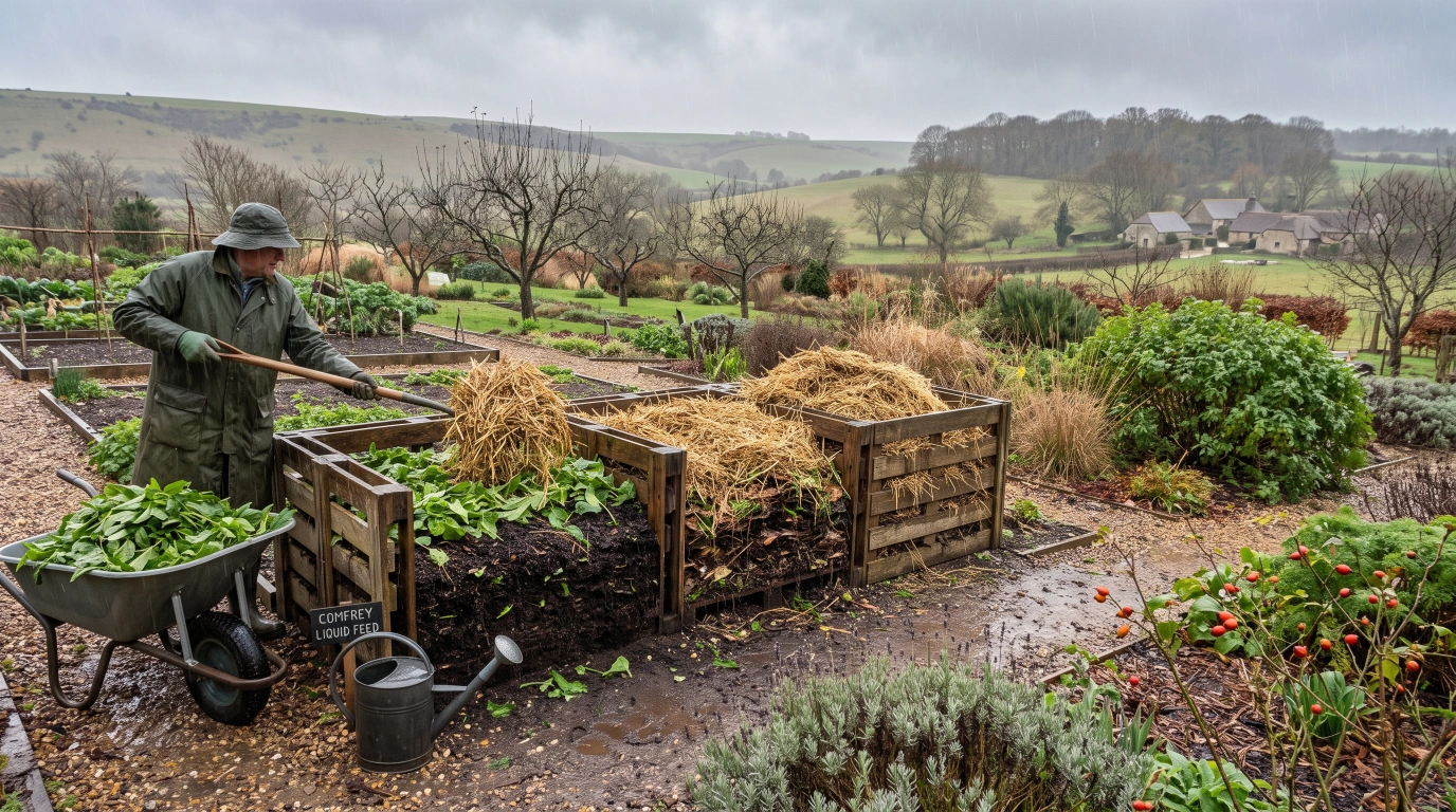 Freshly cut comfrey and nettle leaves being layered onto a compost heap in early winter rain, with a watering can of diluted liquid feed beside it