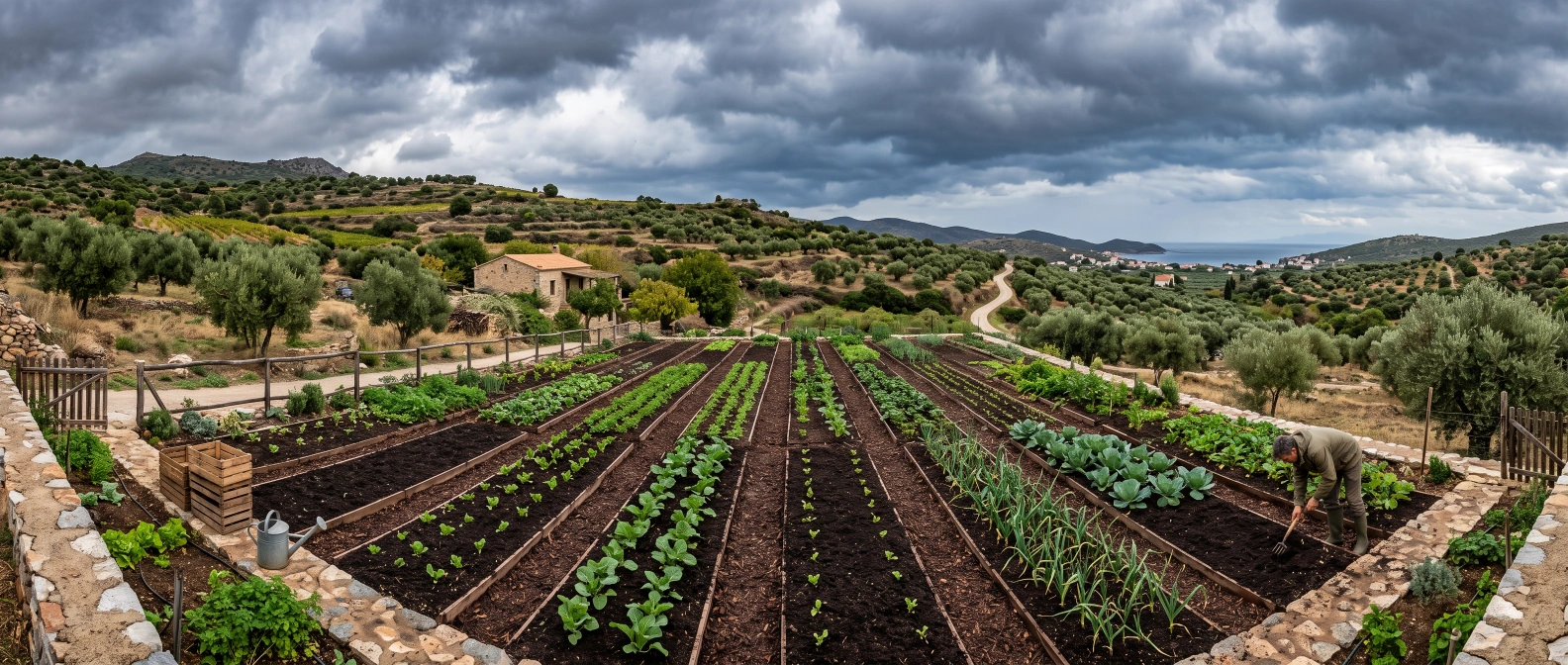 Rows of winter vegetable beds freshly top-dressed with compost under autumn rain clouds
