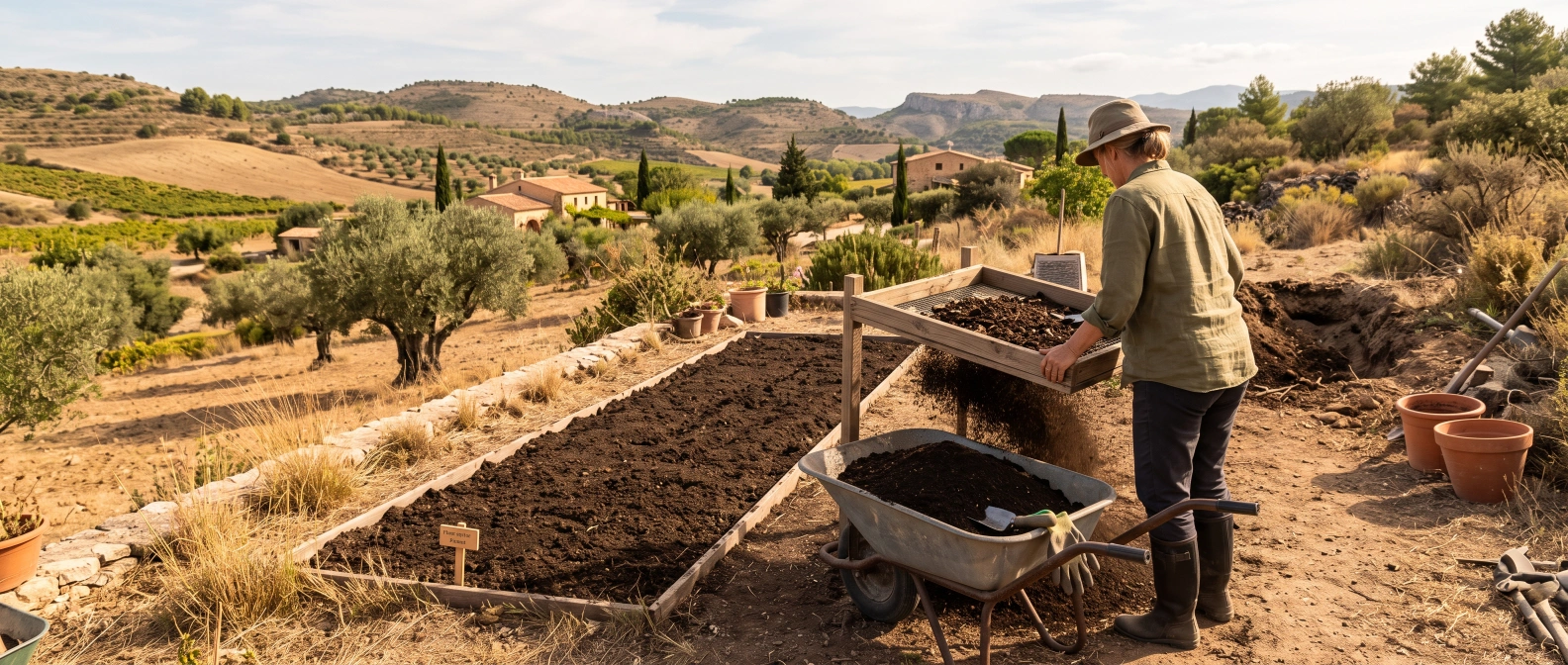 Dark, crumbly finished compost being sieved into a wheelbarrow beside a bed ready for autumn planting