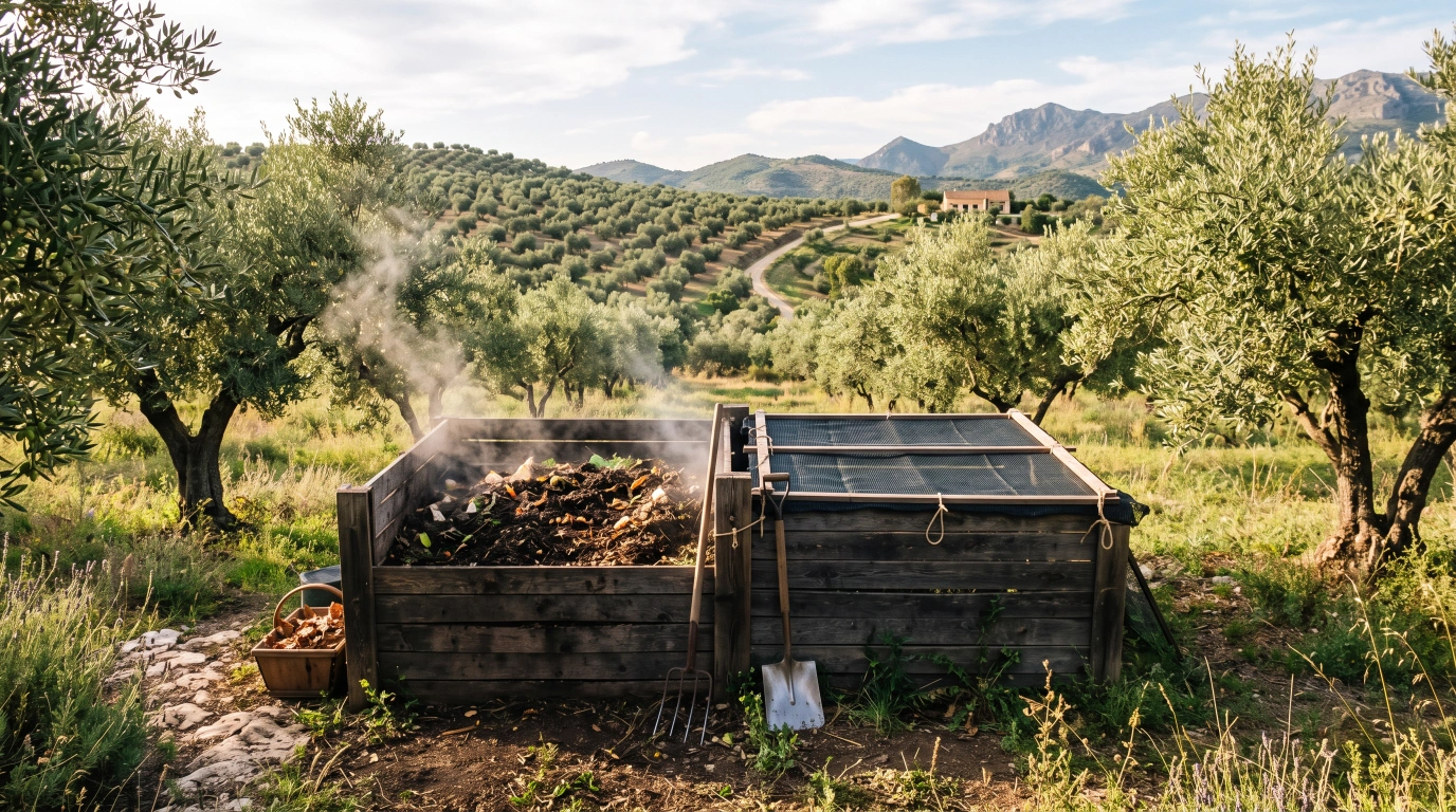A two-chamber compost bin among olive trees, one side freshly turned and steaming, the other resting under a shade cloth