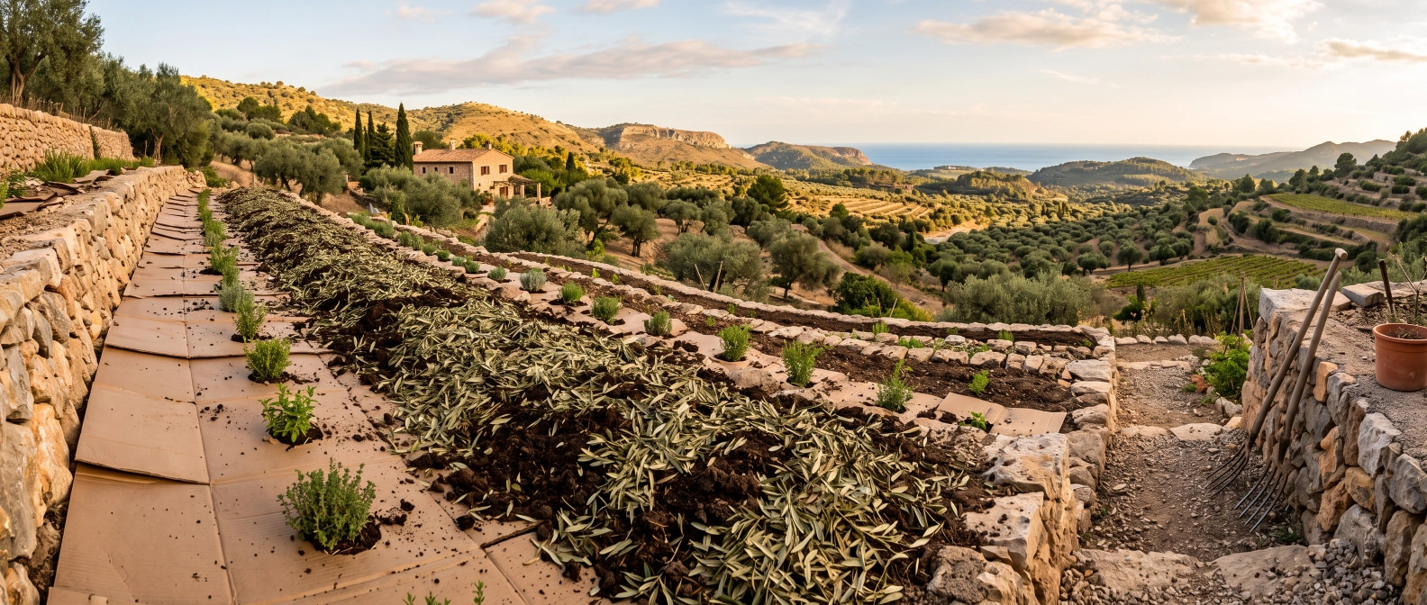 A thick layer of compost and dried olive-leaf mulch spread over cardboard on a sloped terraced bed