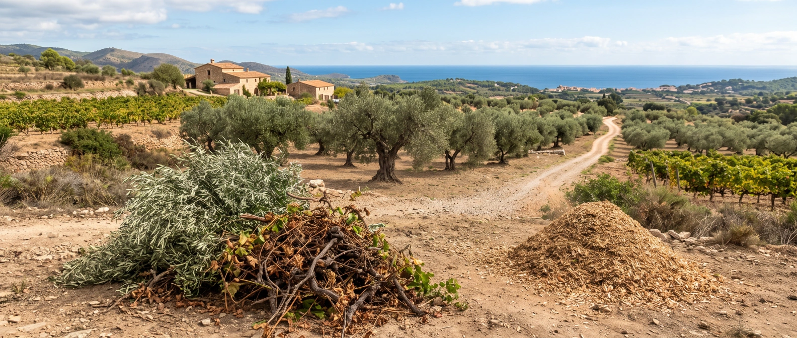 A pile of freshly cut olive branches and grape vine prunings beside a petrol chipper, with a heap of fresh wood chip already produced