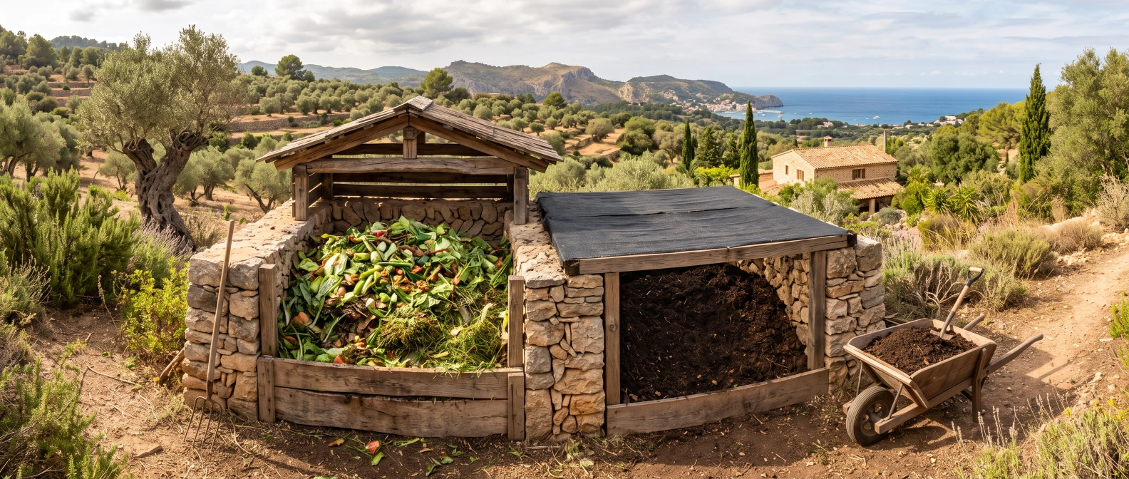 A two-bay stone and timber compost bin, one bay freshly filled with wet-season green waste, the other resting under shade cloth with dark finished compost visible