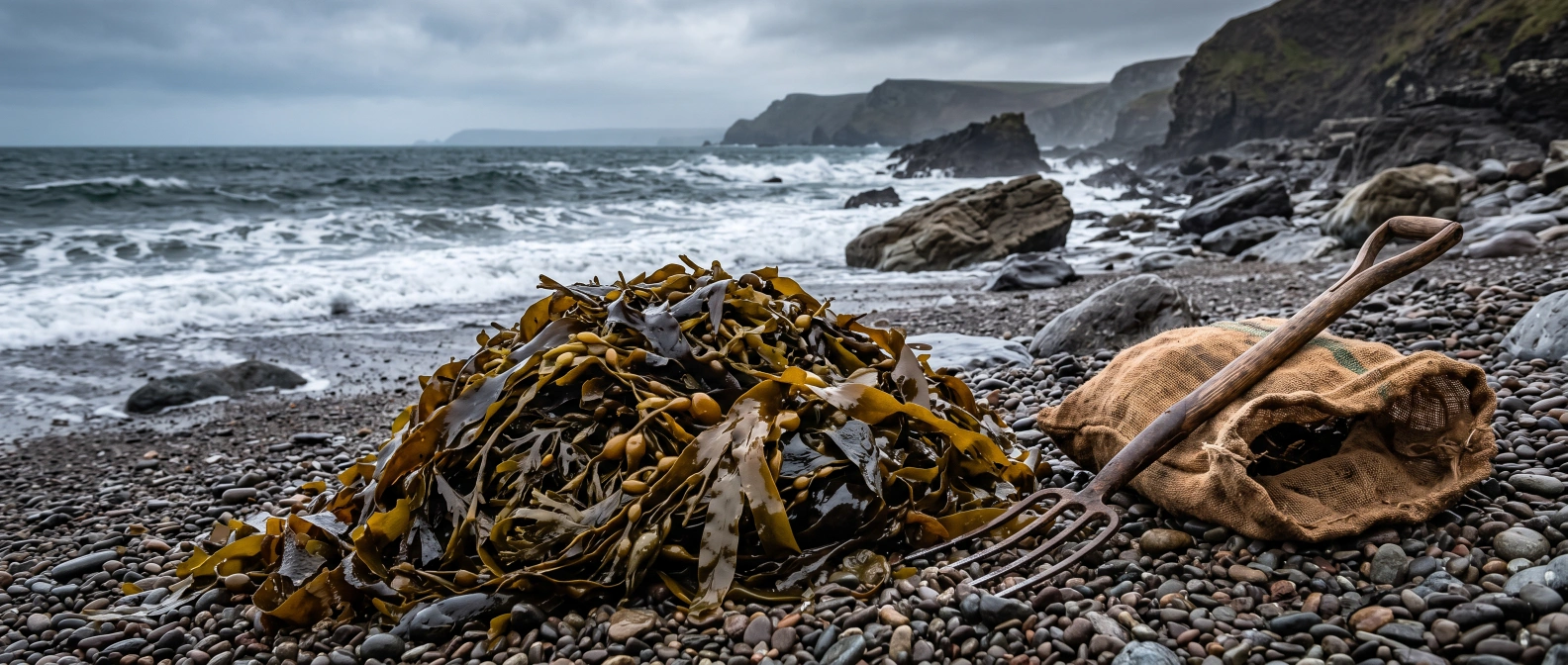 Freshly cast seaweed gathered on a beach at the high tide line after a storm