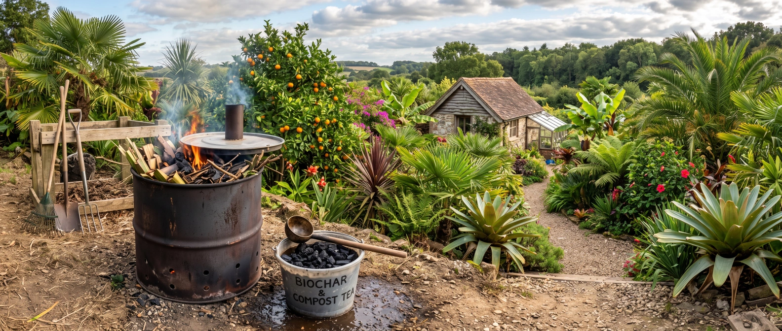 A metal burn barrel producing charcoal from chopped palm frond and citrus prunings, with a bucket of finished biochar soaking in compost tea nearby