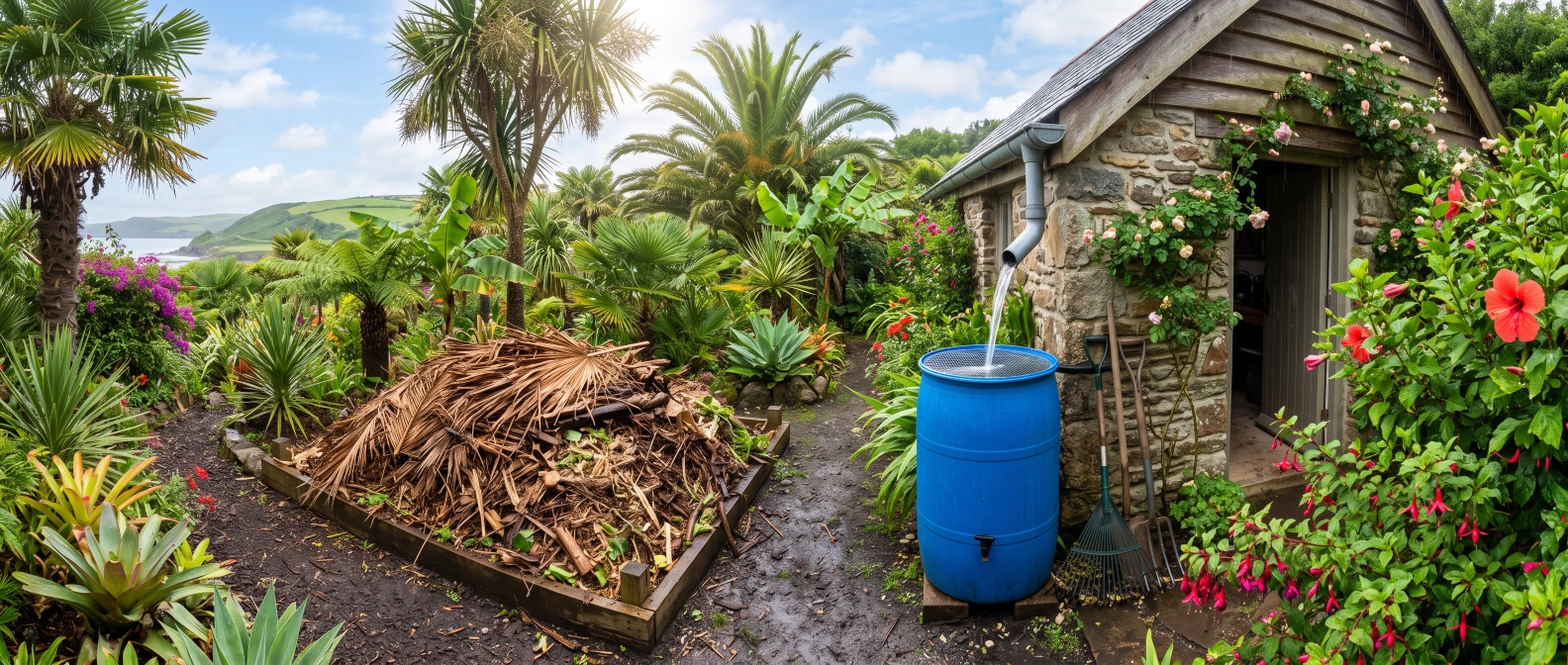 A compost heap capped with a thick mulch of dried palm fronds beside a rain barrel catching runoff from a roof gutter