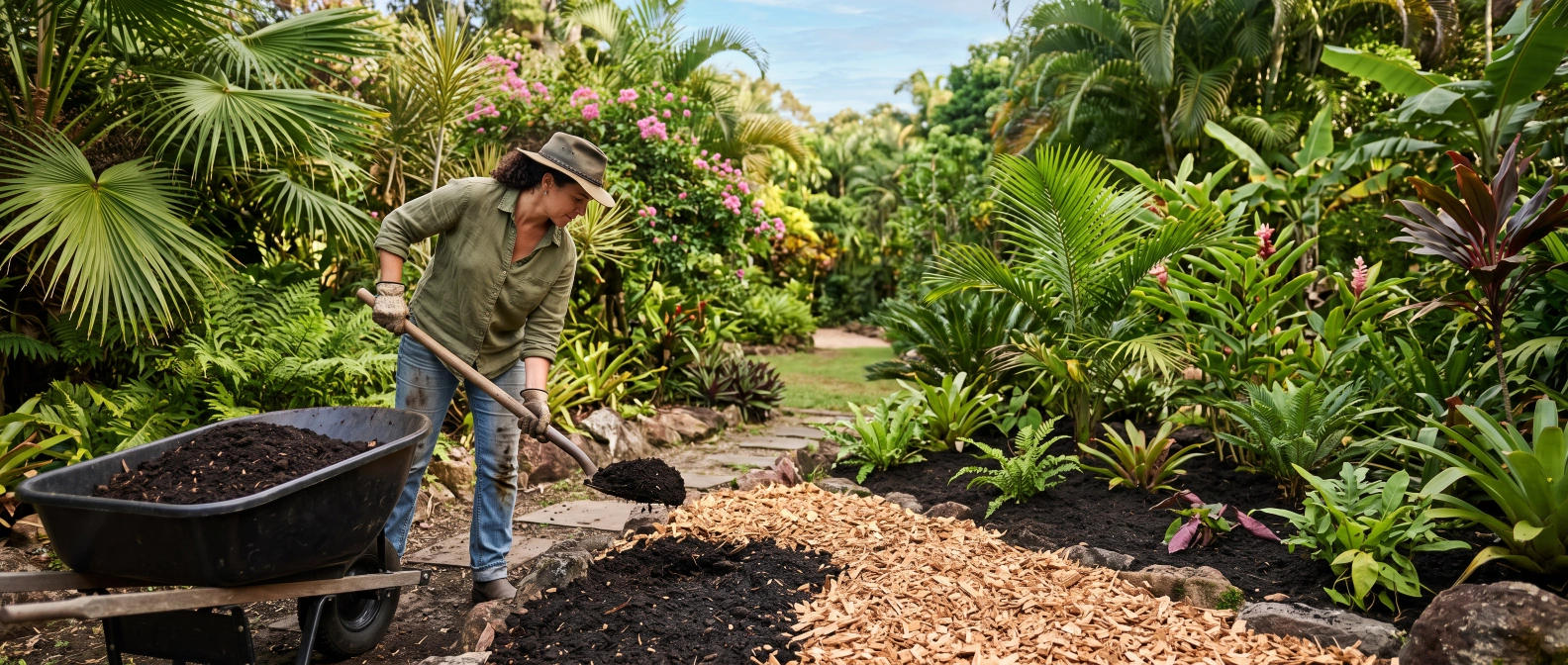 Dark, well-structured soil rich with years of composted organic matter, held together in a hand above a thriving subtropical vegetable bed