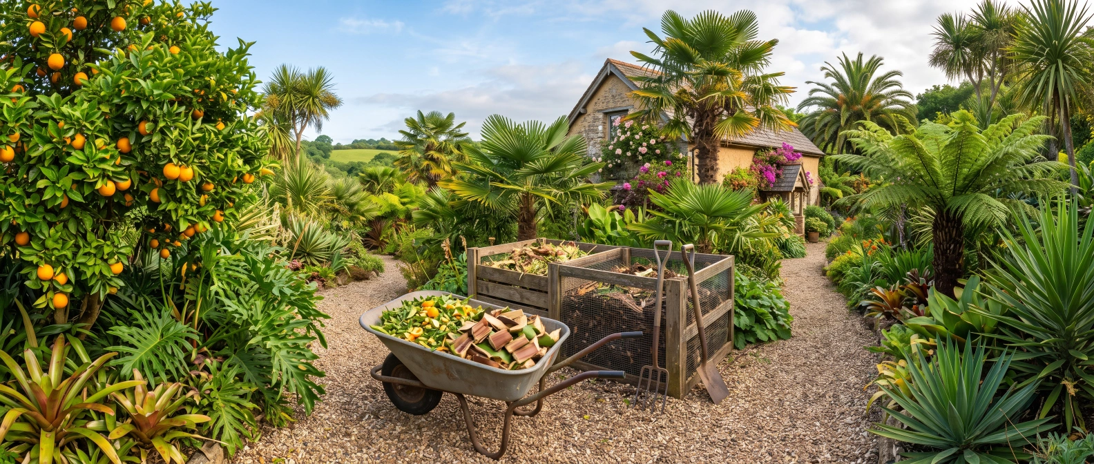 A wheelbarrow of shredded citrus prunings and chopped palm frond sections beside a compost bin in a subtropical garden