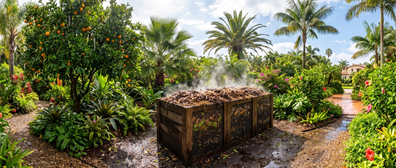 A mulch-capped compost bin in a citrus and palm garden, steam rising after a heavy downpour under bright subtropical sun