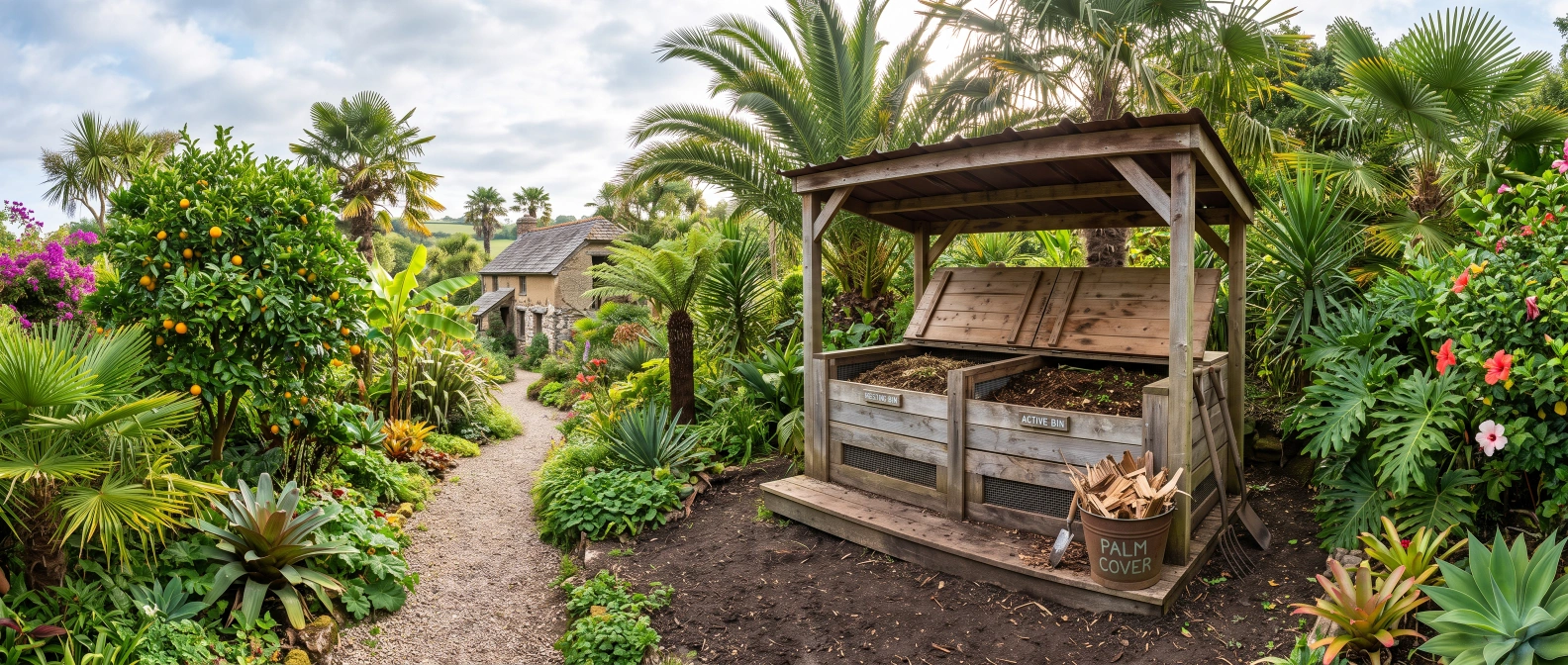 A covered, raised two-bin humanure compost system with a bucket of dried palm frond material as cover material in a subtropical garden