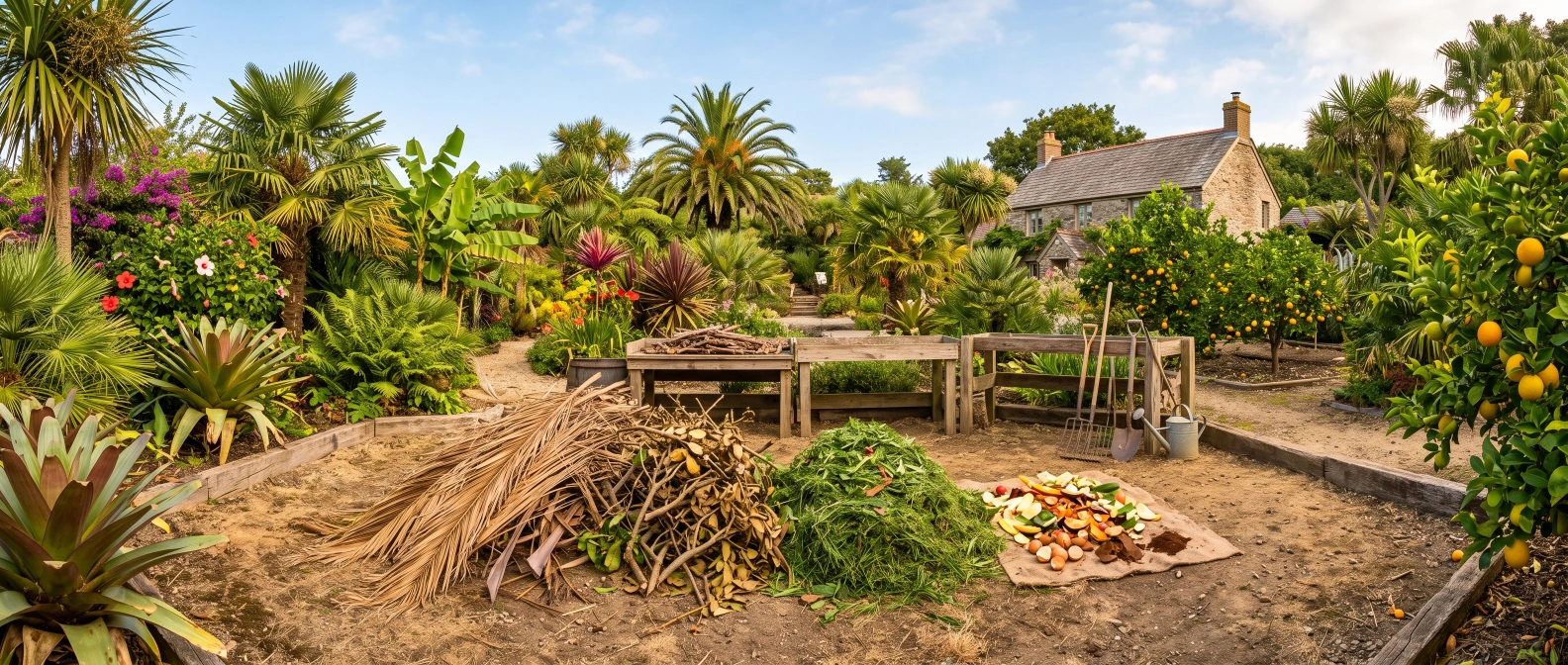 An assortment of subtropical compost materials laid out for sorting: dried palm fronds, citrus prunings, fresh kitchen scraps and grass clippings