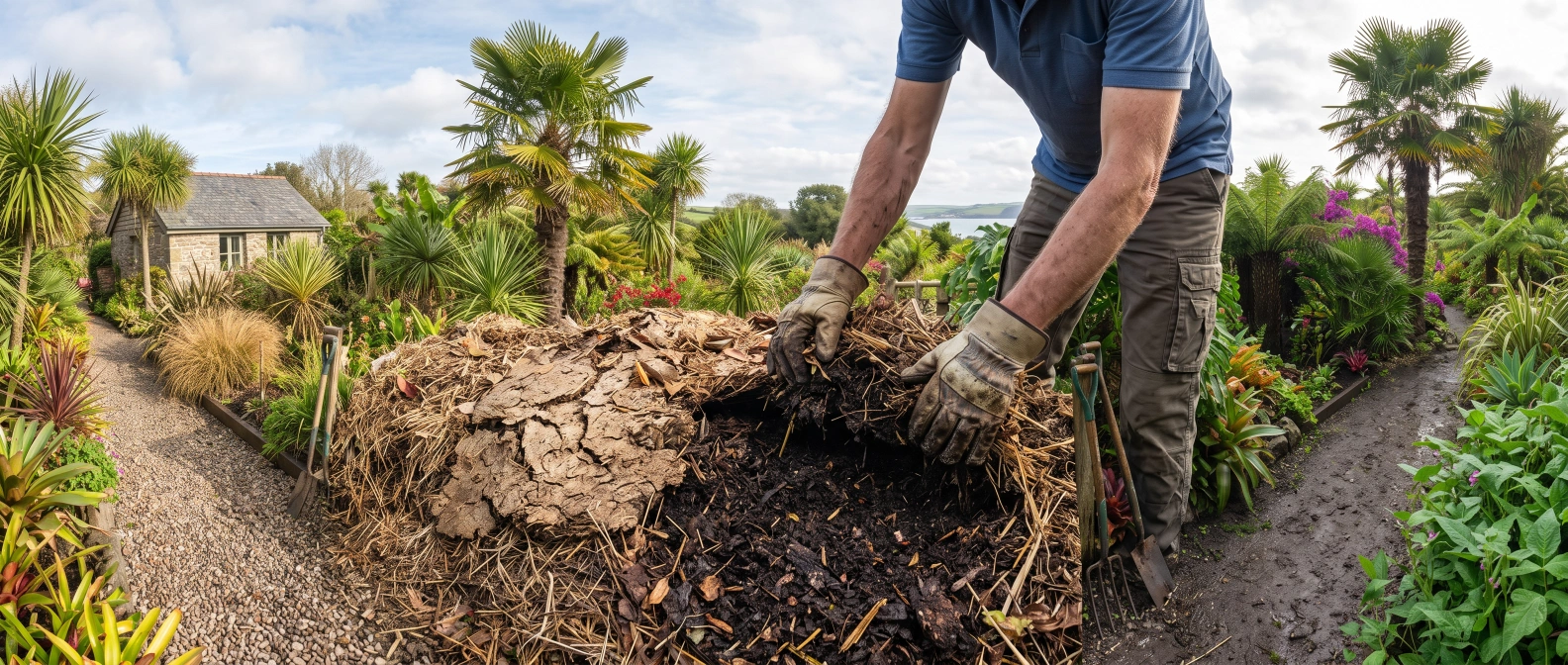 A gardener's hands pulling back a dry, crusted mulch cap to check the moisture of a compost heap underneath