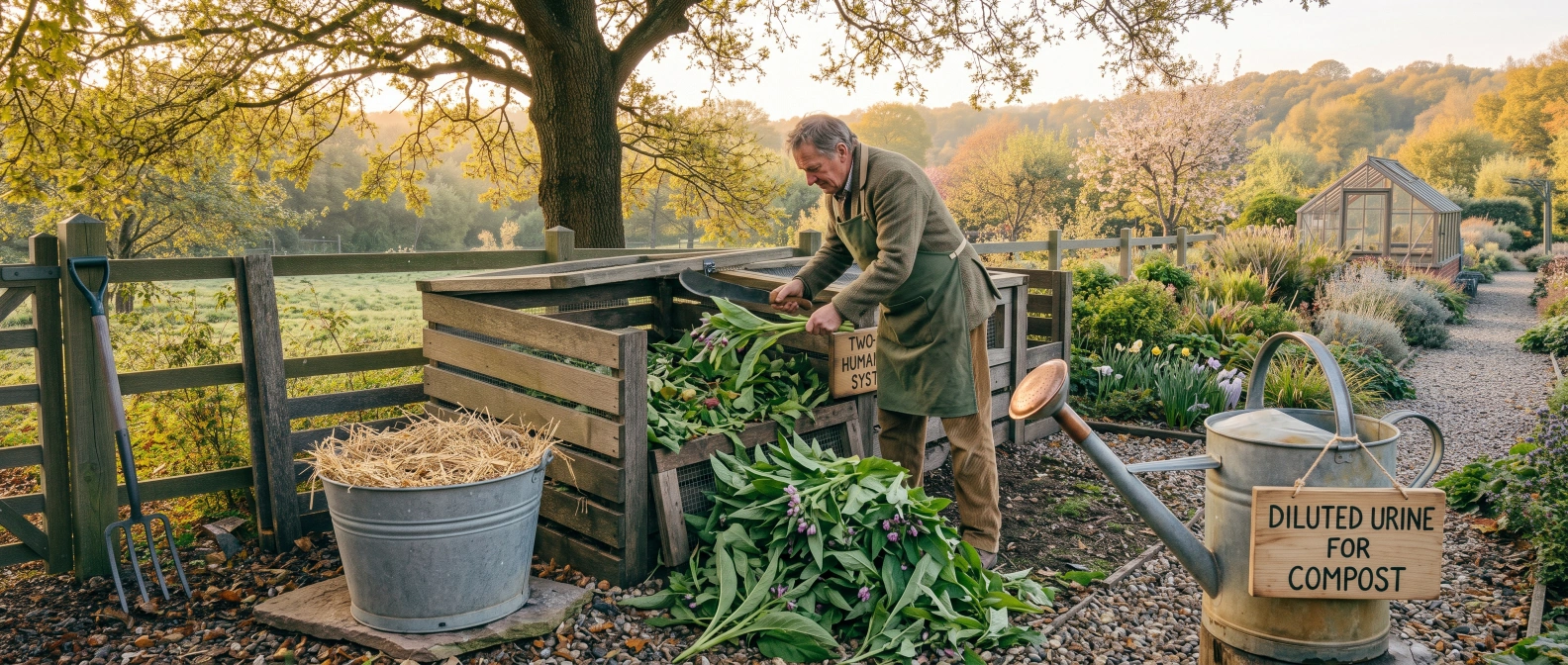A gardener chopping fresh comfrey leaves onto a compost heap in early spring, with a diluted urine watering can standing ready beside it